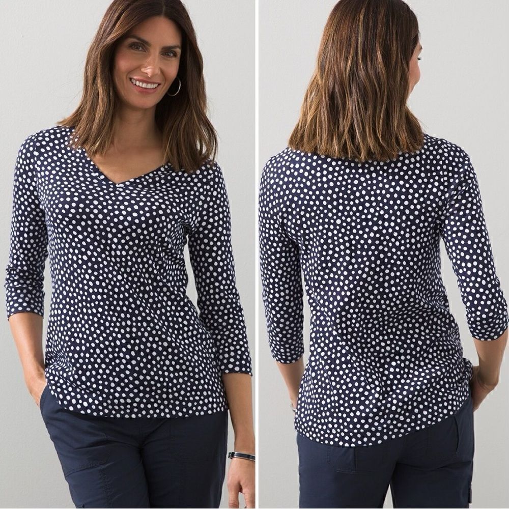 Chico's 100% Pima Cotton Polka Dot Print V-neck Pull Over Tee, Sz Medium